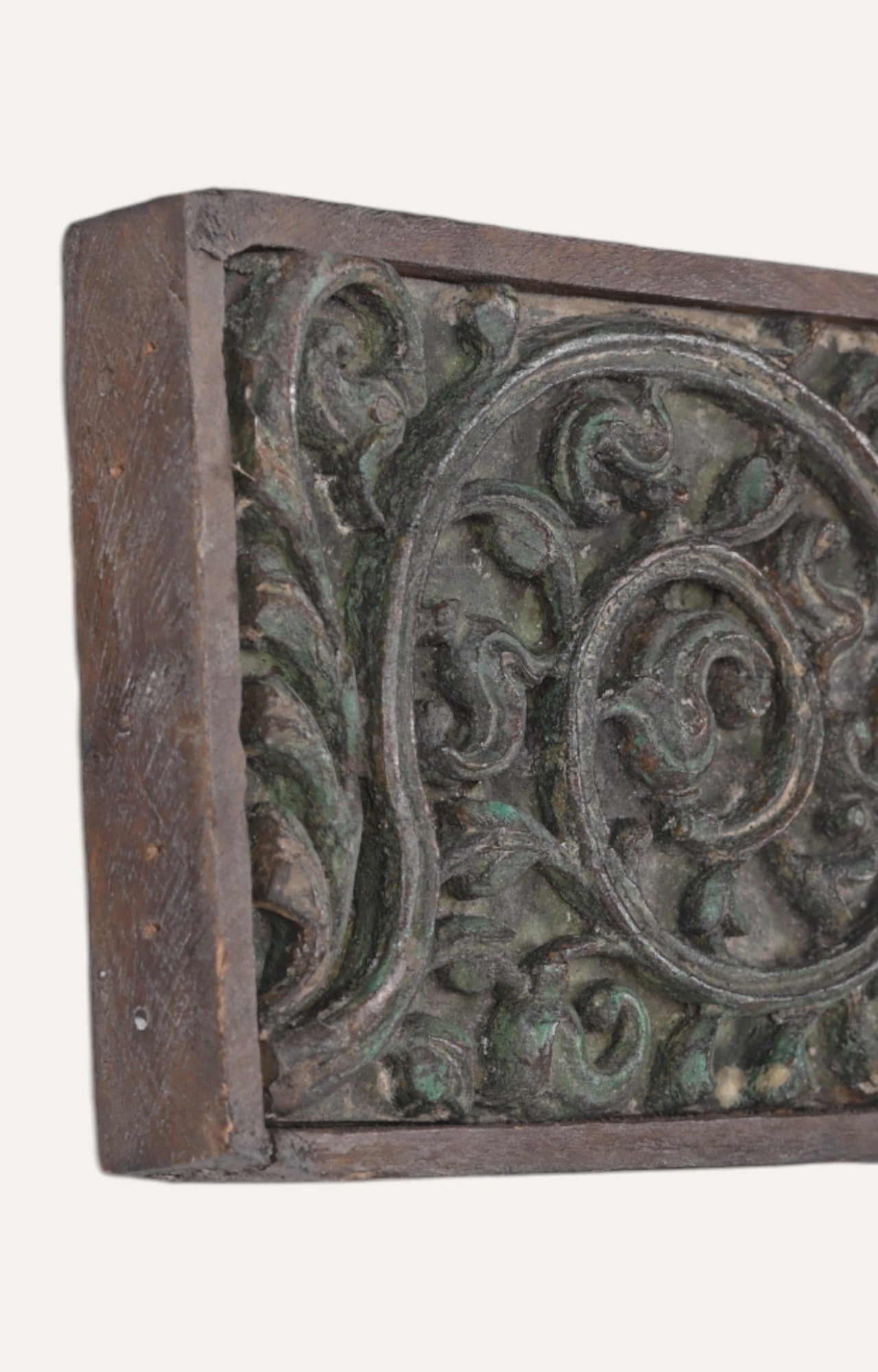 Verdigris Teak Panel with Folk Motifs