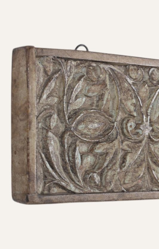 Peacock Motif Carved Panel in Soft Green