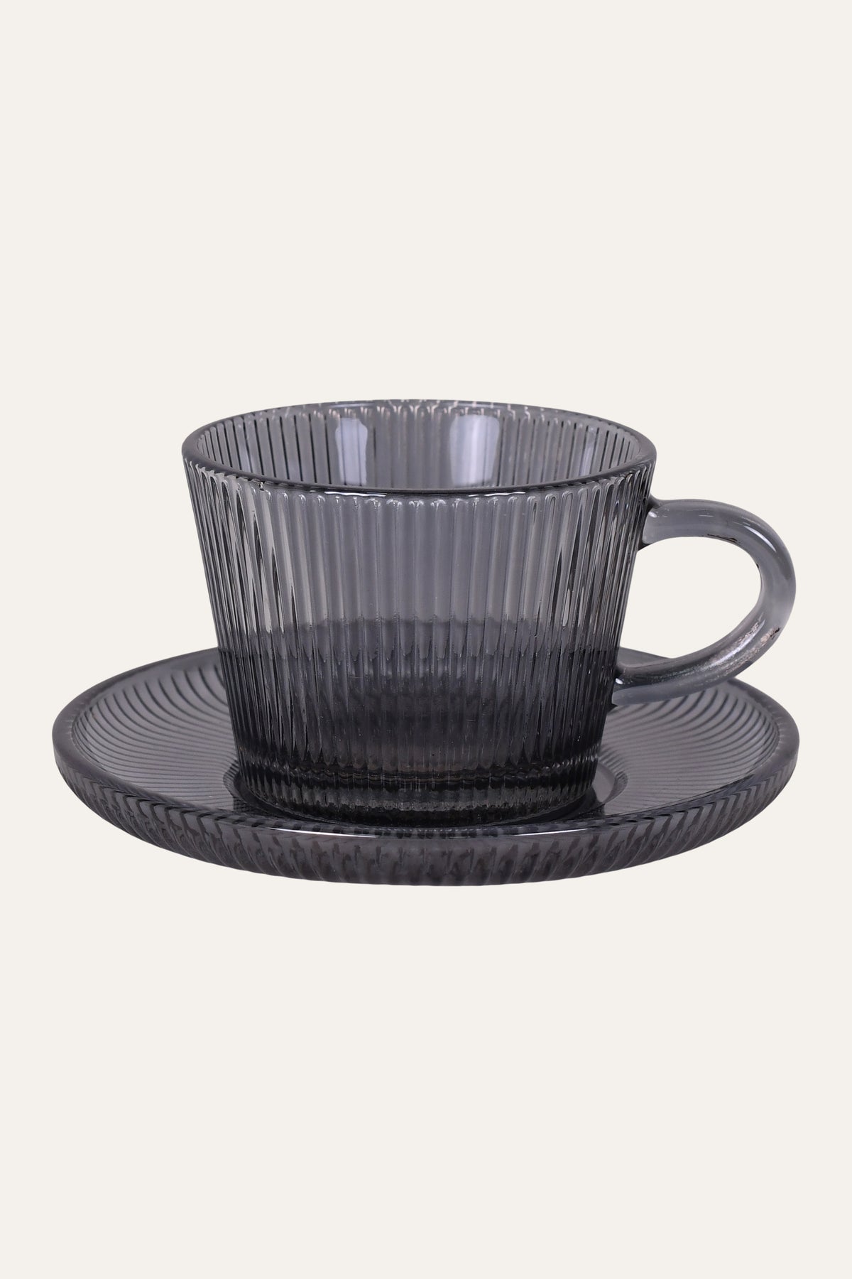 Ribbed Glass Cup & Saucer | Smoke Grey Tea Cup Set – Samurai Exports