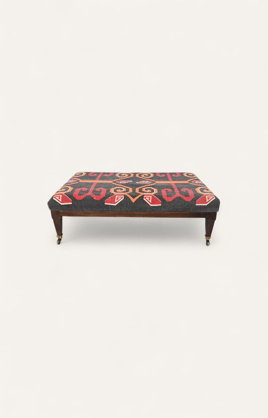 Handcrafted Ottoman with Tribal Geometric Upholstery