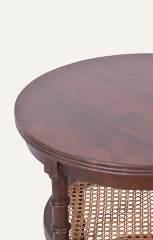 Round Wooden Side Table With Cane