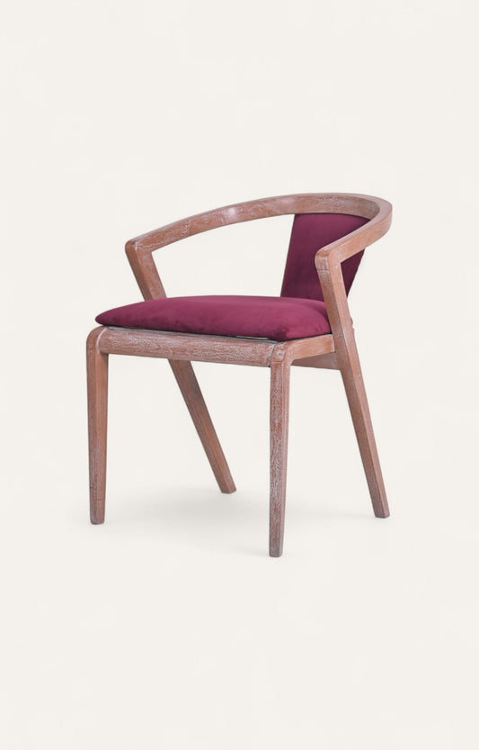 Curved Back Acacia Dining Chair in Velvet Upholstery
