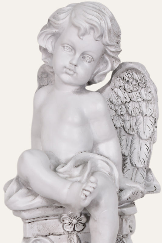 Classical White Resin Garden Cherub Angel Statue on Roman Column Pedestal