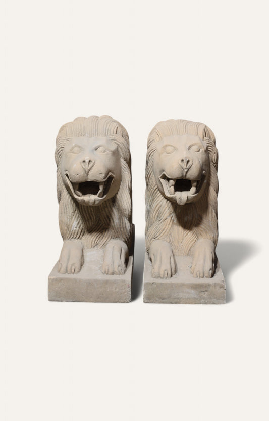 Set of 2 Lion on Pedestal Sandstone Sculpture