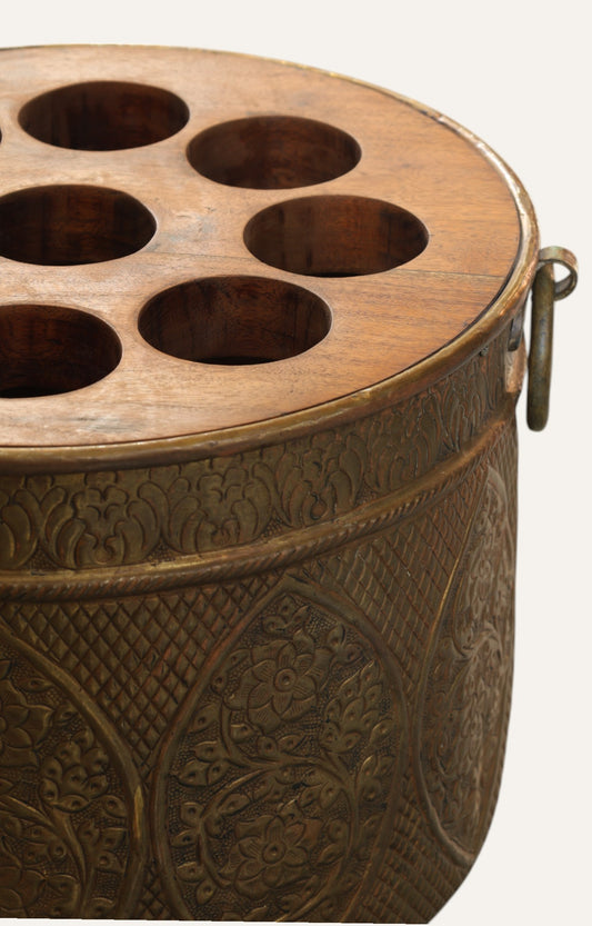 Handcrafted Brass Multipurpose Vintage Storage Vessel with Wooden Top