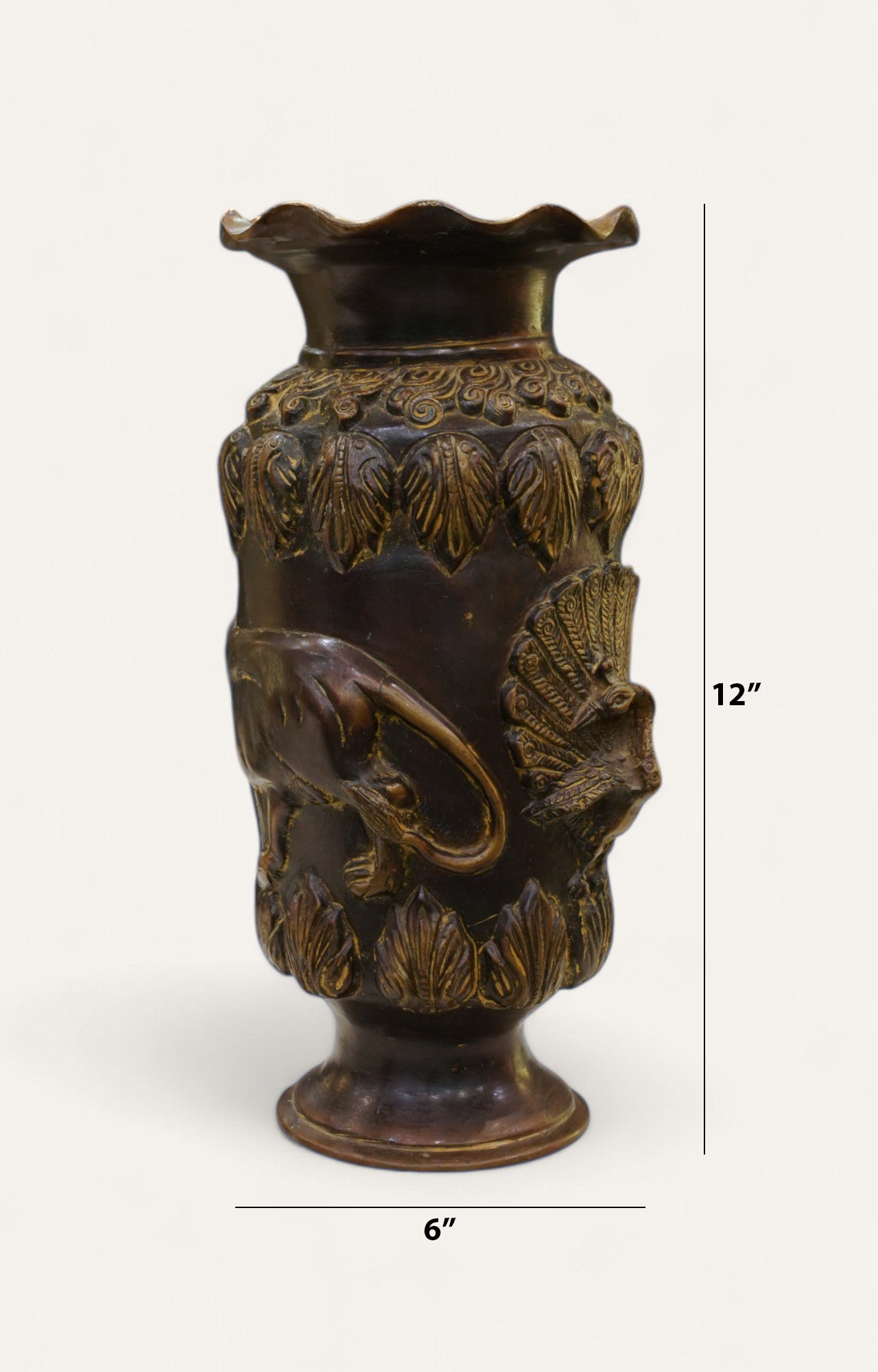 Elephant & Peacock Embossed Heritage Brass Vase Home Décor