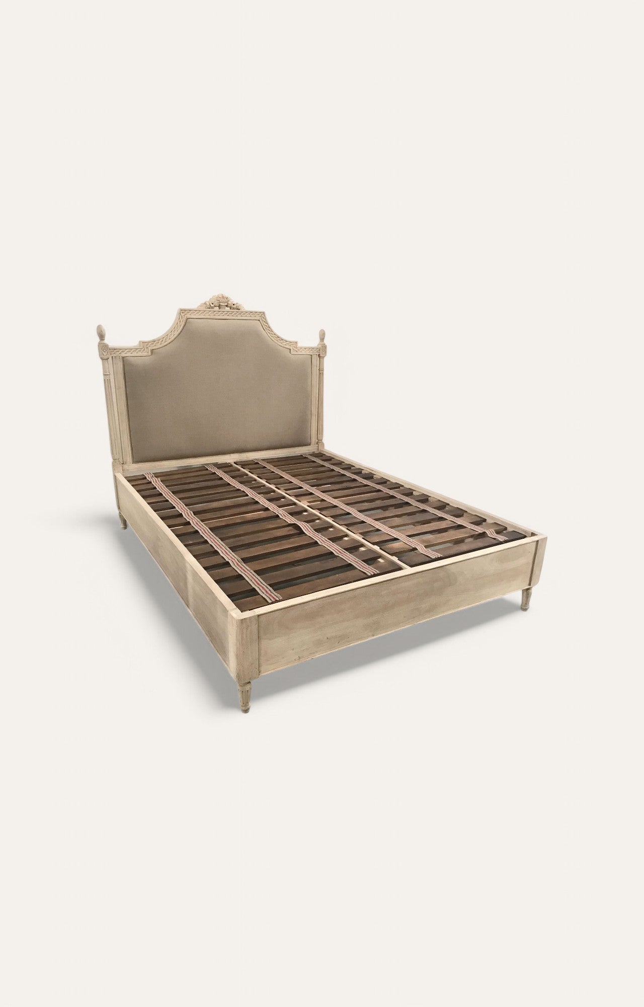 French Gold Upholstered Carved Wood Bed