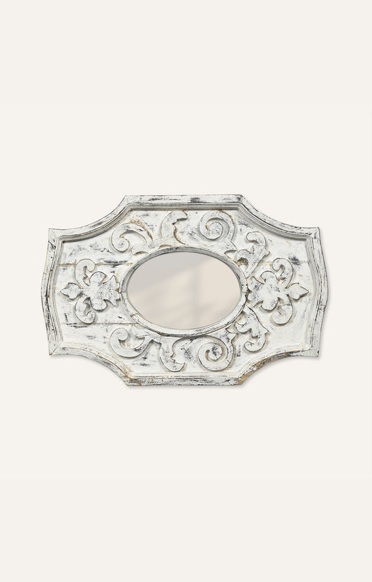 White distressed carved edges wooden mirror