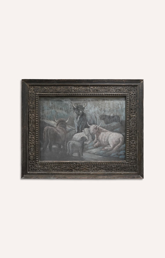 Rendeer Oil Painitng with handcarved frame