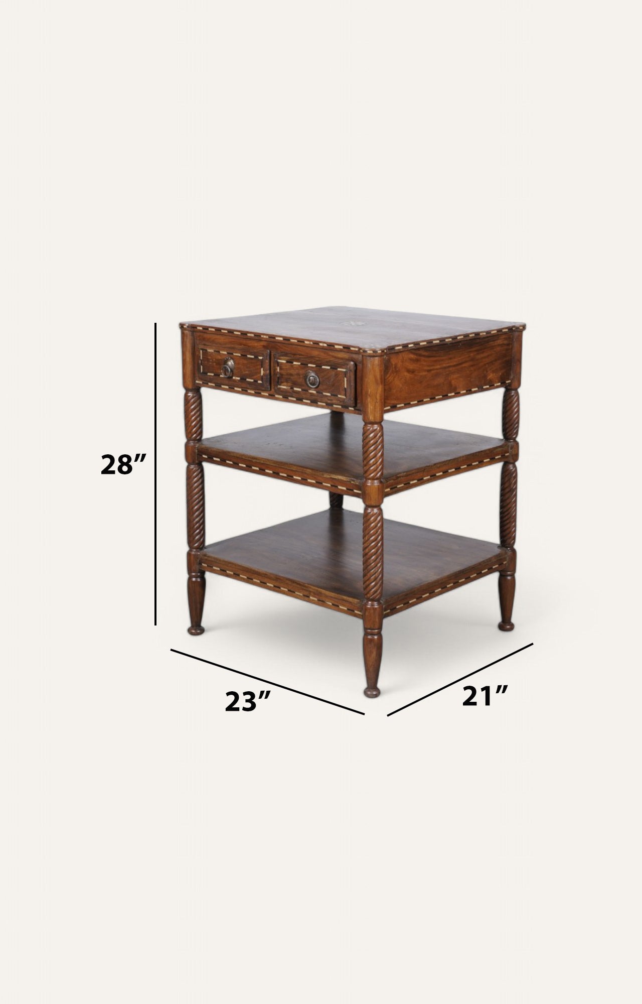 Hand-carved Side Table with Storage Drawers and Shelves