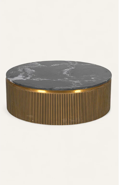 Low Round Coffee Table in Brass with Marble Top