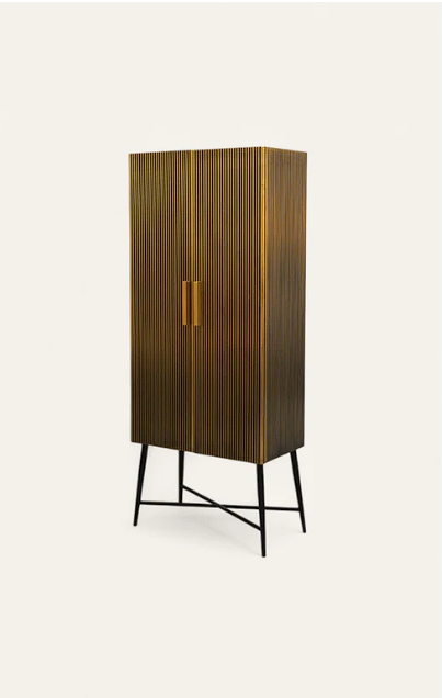 Tall Brass-Clad Cabinet with Iron Legs