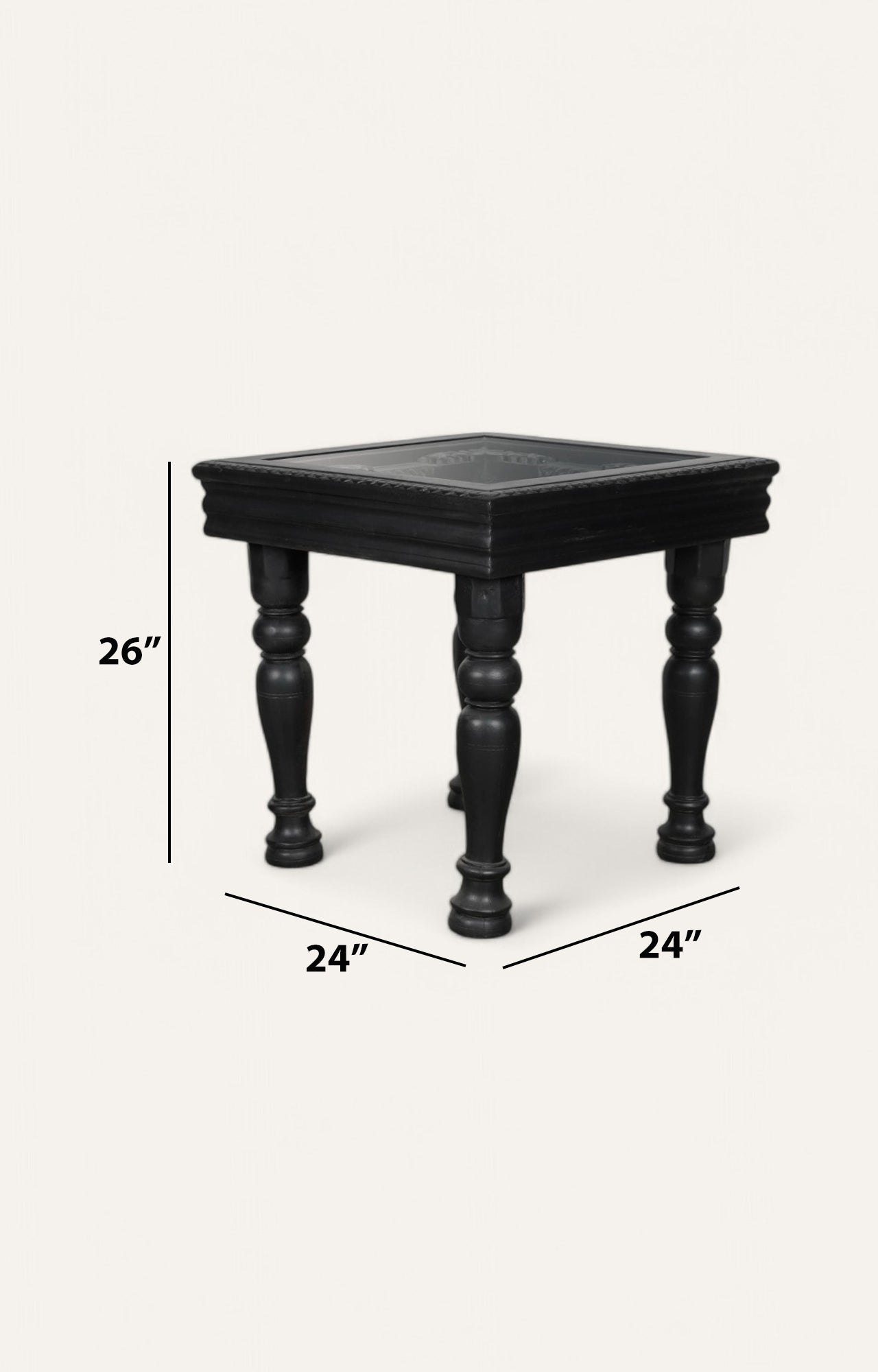 Black Hand Carved Side Table with Glass Top
