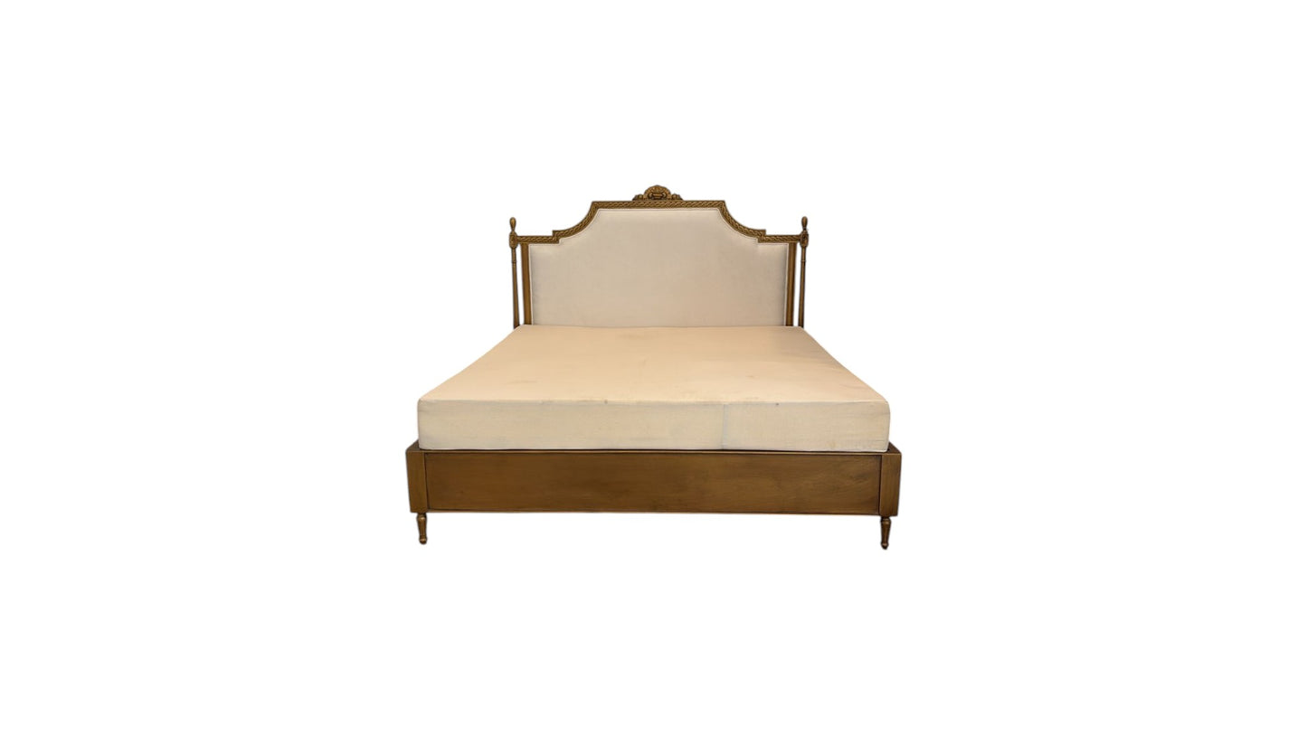 French Gold Upholstered Carved Wood Bed