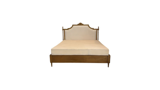French Gold Upholstered Carved Wood Bed