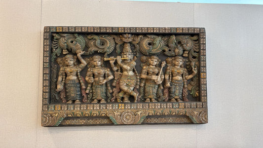 Wooden Hand Carved Panel of Krishna Leela