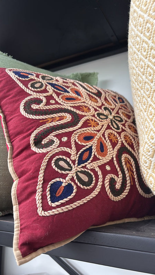 Rustic Floral Embroidered Cushion