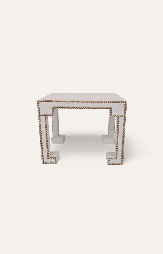 Square Linen Side Table with Brass Rivet Accents
