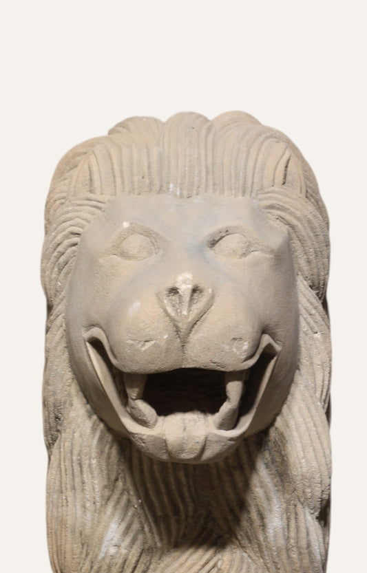 Set of 2 Lion on Pedestal Sandstone Sculpture
