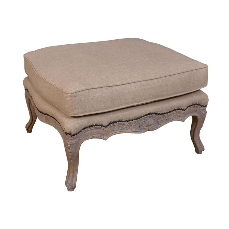 French Linen Carved Wood Ottoman