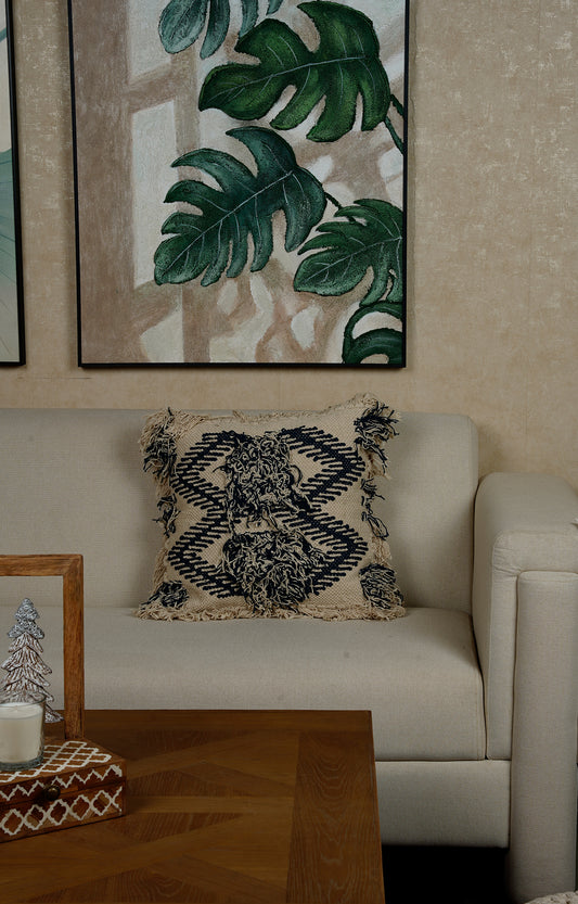 Beige and White Rectangular Cotton Tassel Pillow