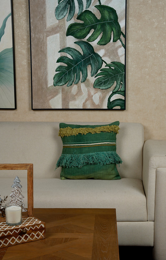 Green Textured Cushion with Layered Fringes