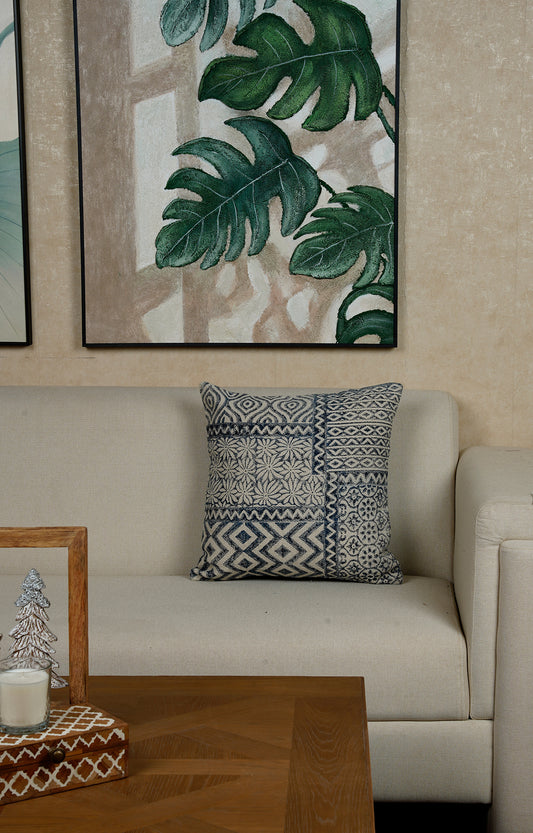 Intricate pattern Indigo and White Cushion