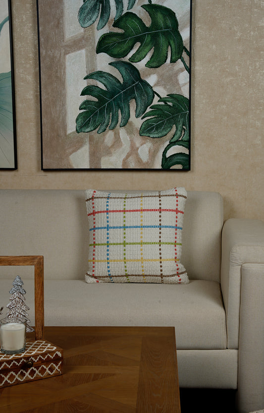 Embroidered Cushion in Colorful Checkered Pattern