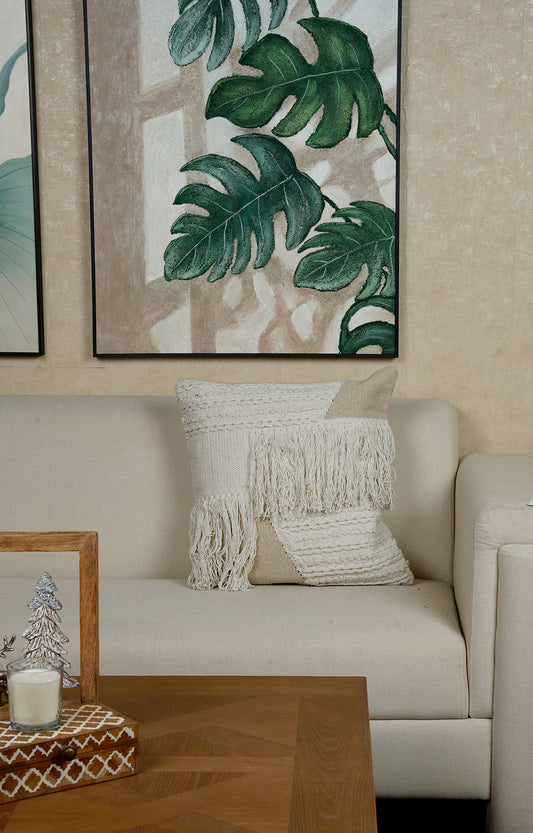 Textured Off-White Cushion with Layered Fringes