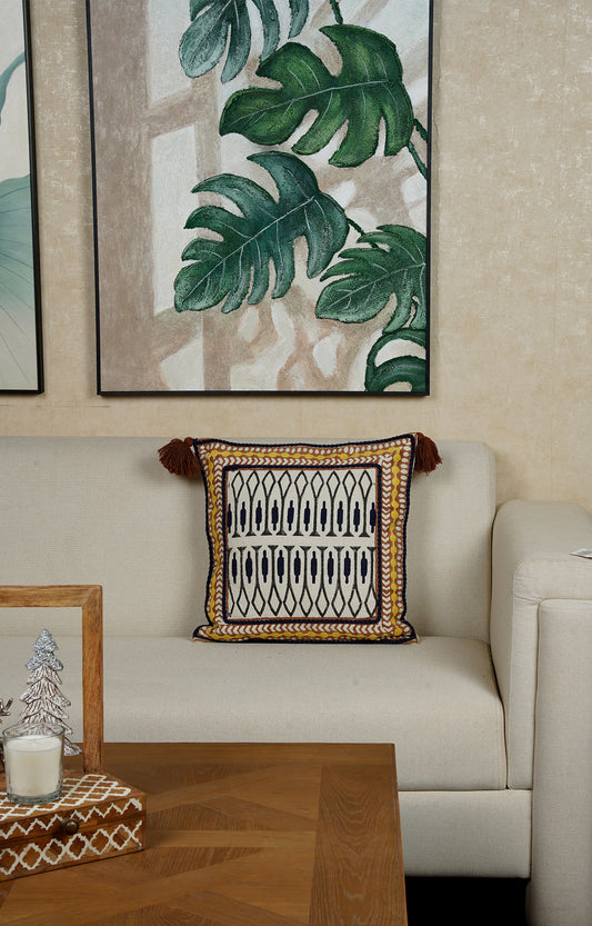 Handcrafted Geometric Embroidered Cushion with Tassels