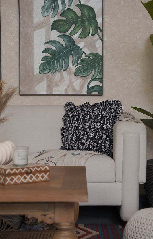 Noir Blossom Block Print Cushion Cover