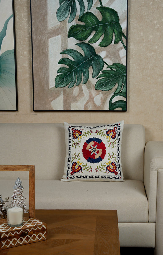 Hand-Embroidered Floral Cushion