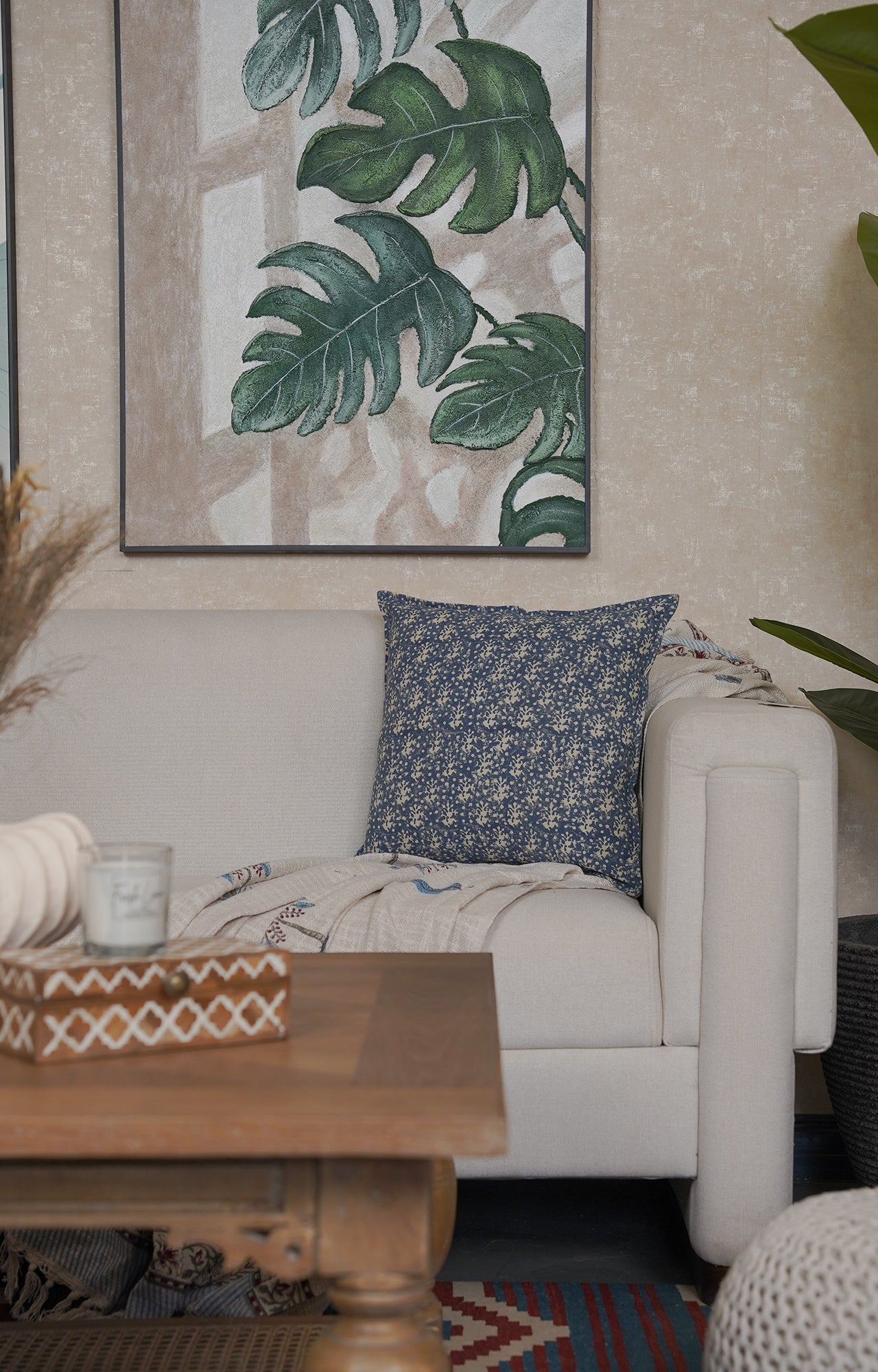 Indigo Petal Block Print Cushion Cover