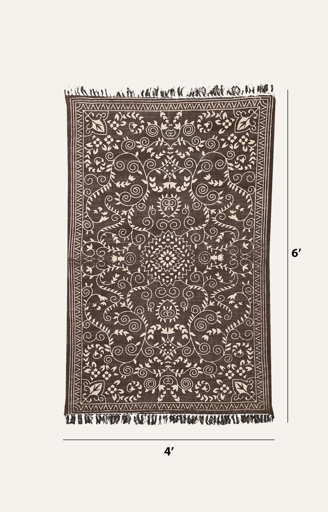 Brown & Ivory Floral Scroll Cotton Rug