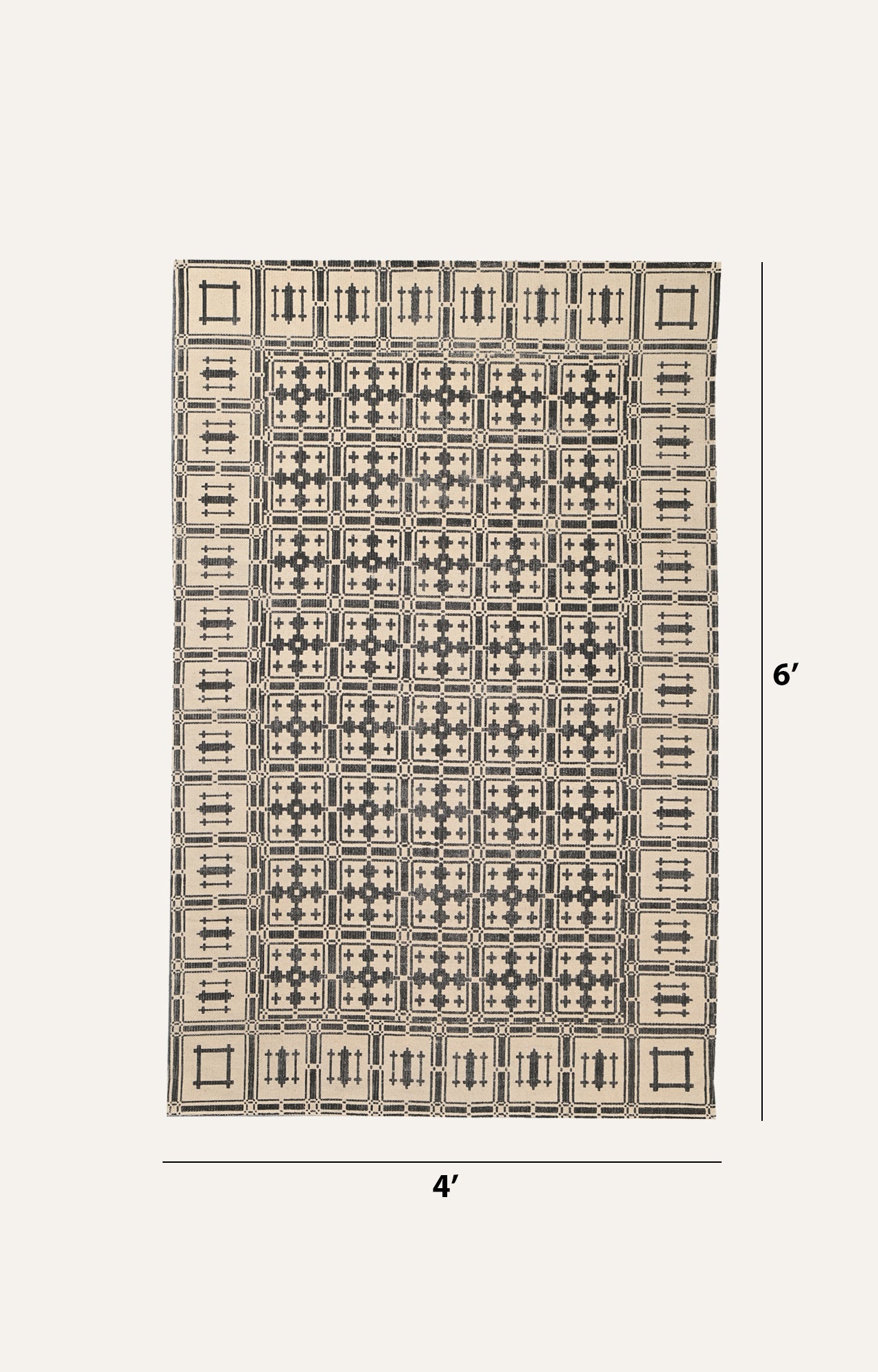 Ivory Grid Cotton Rug with Noir Motifs