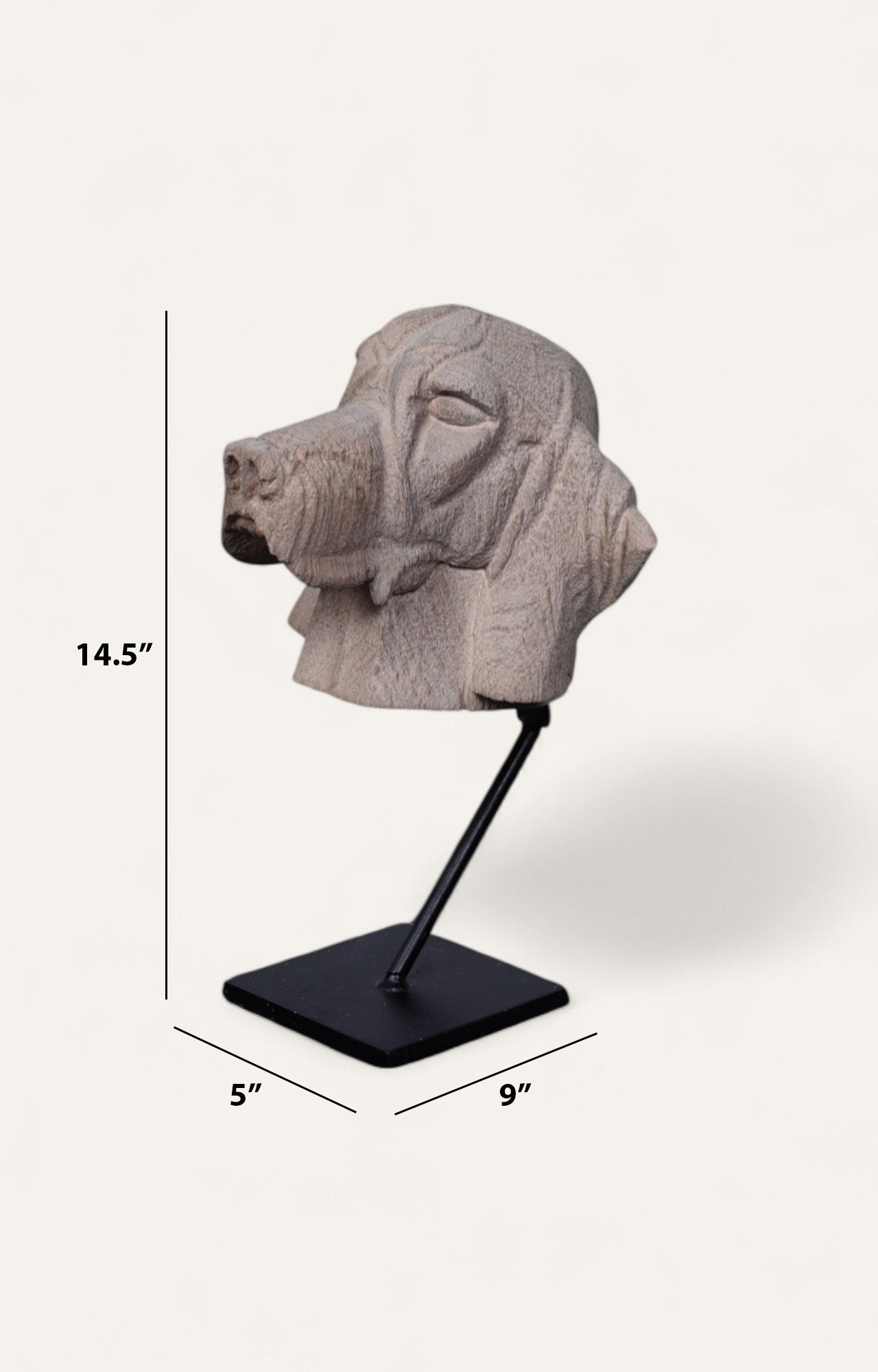 Hand-Carved Wooden Dog Head Sculpture on Stand
